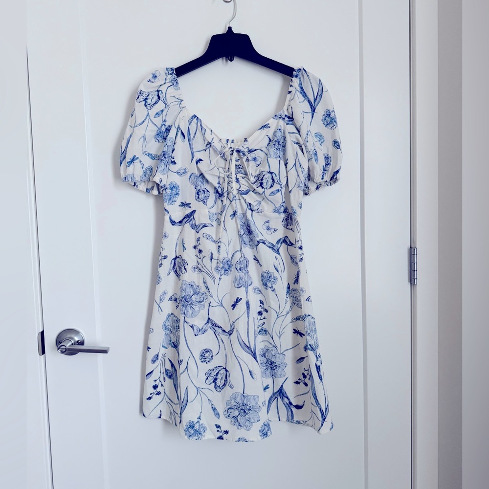 H&M 100% Cotton Puff Sleeve Dress | Blue & White Floral